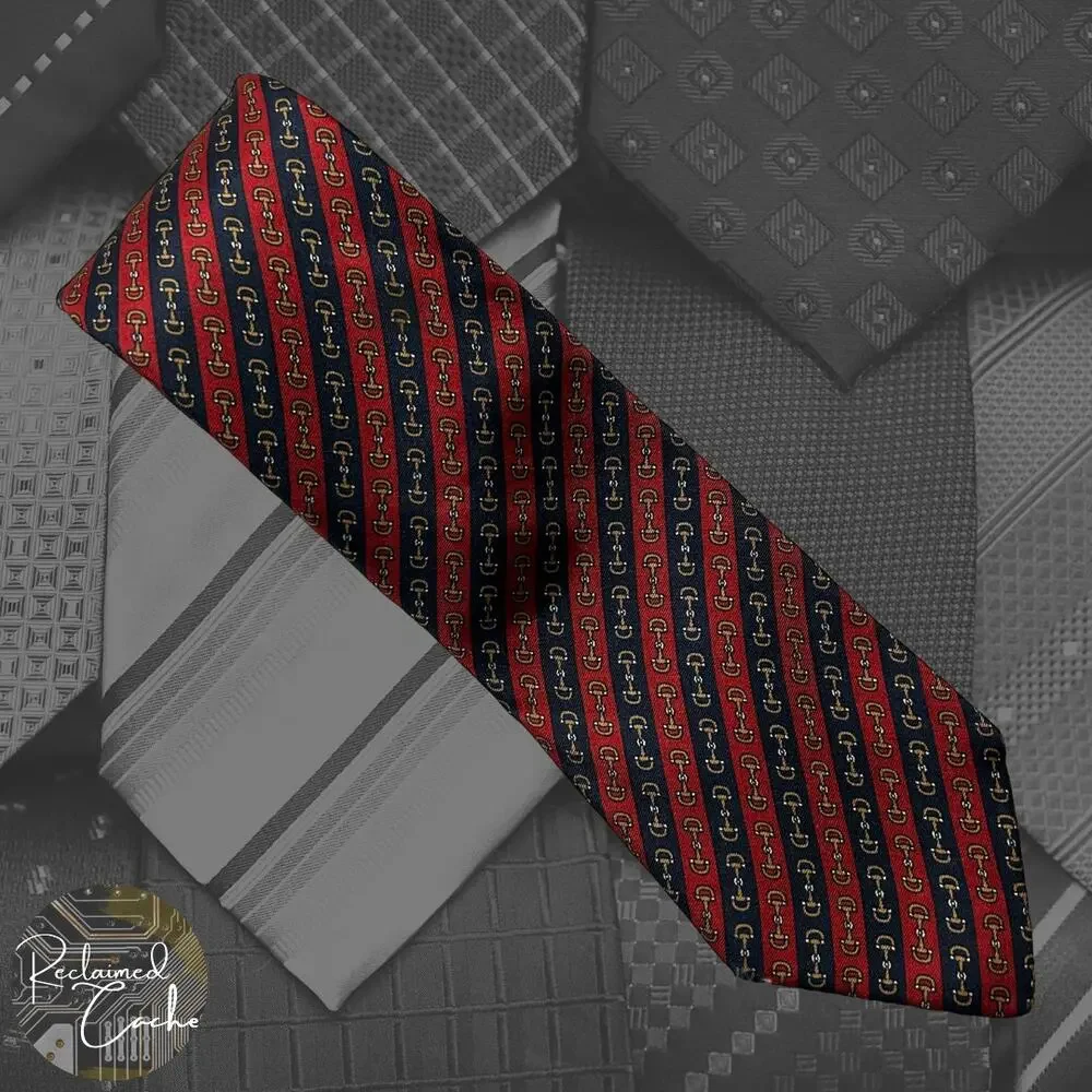 Red and Blue Diagonal Stripes with Gold Buckles Tie